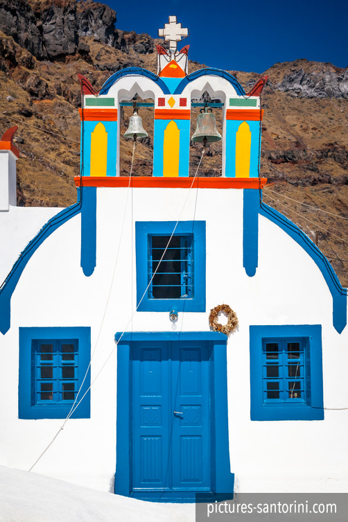 Colorful chapel in Thirasia on the Island of Therasia next to Santorini, Greece